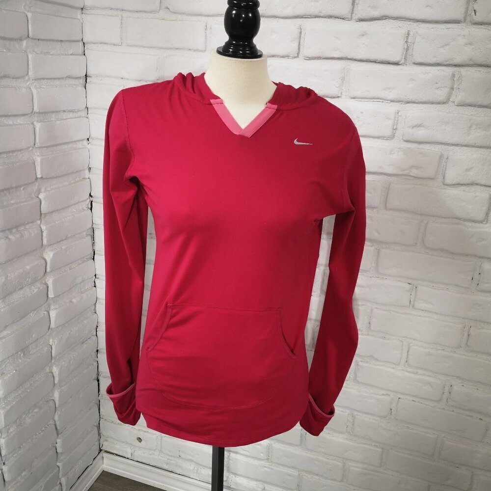 Nike Running Dri-Fit Ladies Size Large Hot Pink V-neck Kangaroo Pocket Hoodie